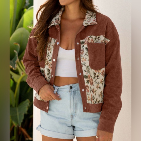 Rust Corduroy Floral Patchwork Shacket Snap Button Jacket Boho - Picture 2 of 8